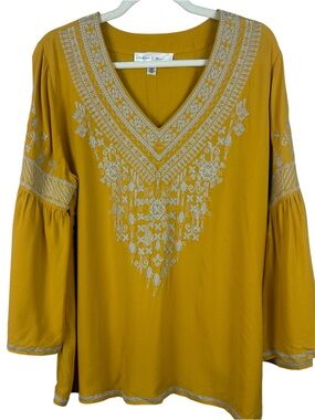 Chelsea & Theodore Mustard Yellow Embroidered Peasant Boho Blouse XL
